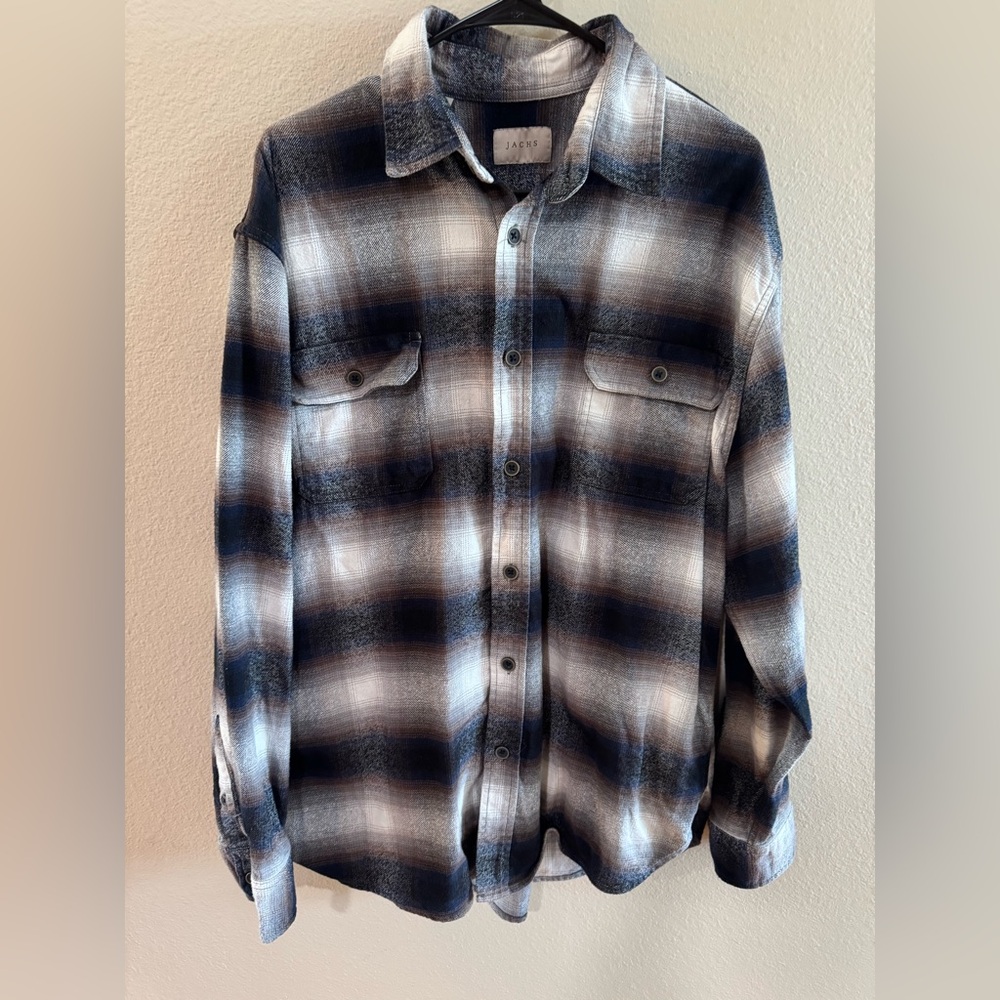 Jachs Men's Blue and Gray Ombre Plaid Button-Down Shirt, Sz XL